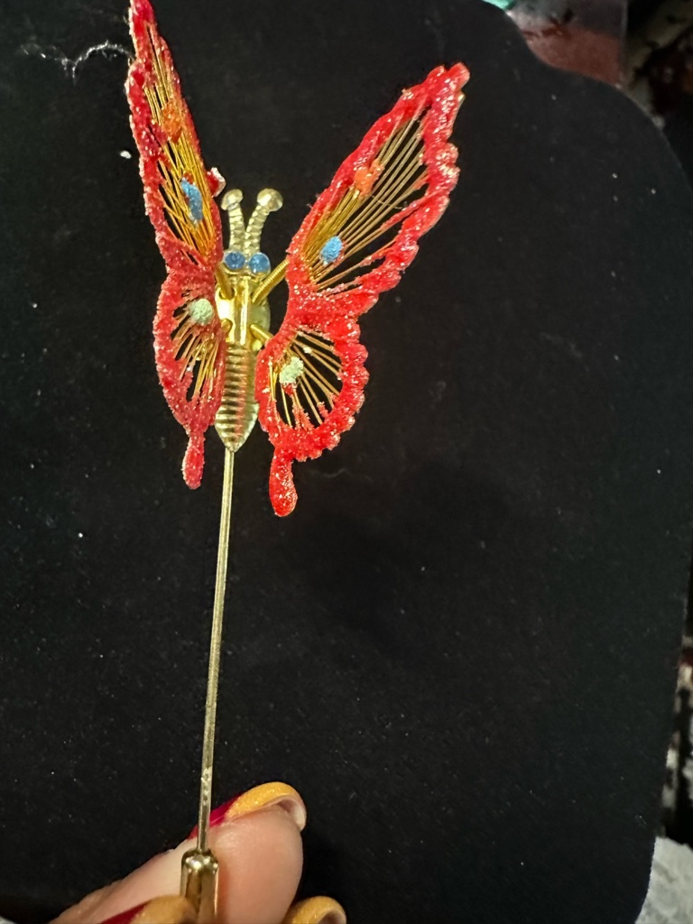Vintage Red Glitter Butterfly Brooch with Gold Accents - Picture 12 of 13